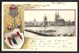 Passepartout-Lithographie Köln, Teilansicht Von Deutz Aus, Dampfer Auf Dem Rhein, Wappen  - Sonstige & Ohne Zuordnung