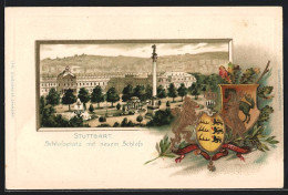 Passepartout-Lithographie Stuttgart, Schlossplatz Mit Neuem Schloss Und Wappen  - Stuttgart