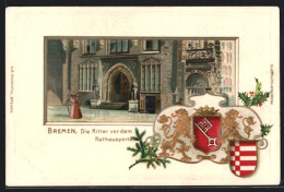 Passepartout-Lithographie Bremen, Die Ritter Vor Dem Rathausportal, Wappen  - Sonstige & Ohne Zuordnung