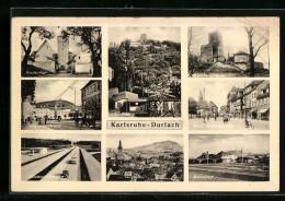 AK Karlsruhe-Durlach, Baslertor, Traindenkmal, Reichsautobahn, Strasse, Bahnhof  - Karlsruhe