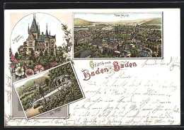 Lithographie Baden-Baden, Totalansicht, Schloss Soloms, Das Echo  - Baden-Baden