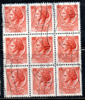 ITALIA REPUBBLICA ITALY REPUBLIC 1968 - 1976 SIRACUSANA TURRITA STELLE STARS LIRE 10 BLOCCO USATO BLOCK USED OBLITERE' - 1961-70: Used