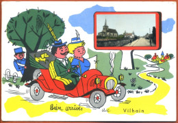 CPA Illustration - "Bien Arrivés Au VILHAIN " Cérilly 03 Allier - Voiture, Gendarme, Petite Vue, Eglise - Peu Commune - Other & Unclassified