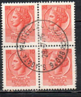 ITALIA REPUBBLICA ITALY REPUBLIC 1968 - 1976 SIRACUSANA TURRITA STELLE STARS LIRE 10 QUARTINA USATA BLOCK USED OBLITERE' - 1961-70: Usados