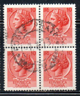 ITALIA REPUBBLICA ITALY REPUBLIC 1968 - 1976 SIRACUSANA TURRITA STELLE STARS LIRE 10 QUARTINA USATA BLOCK USED OBLITERE' - 1961-70: Used