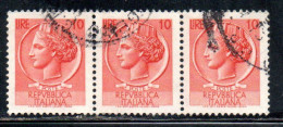 ITALIA REPUBBLICA ITALY REPUBLIC 1968 - 1976 SIRACUSANA TURRITA STELLE STARS LIRE 10 STRISCIA STRIP USATAUSED OBLITERE' - 1961-70: Used