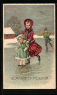 Präge-Lithographie Kleine Schlittschuhläuferinnen Und Junger Kavalier Auf Einem See, Neujahrsgruss  - Figure Skating