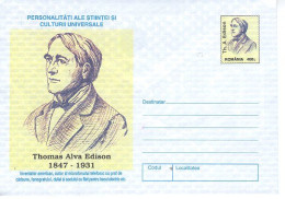 ROMANIA 045y1997: AMERICANA - THOMAS ALVA EDISON, Unused Prepaid Postal Stationery Cover - Registered Shipping! - Enteros Postales