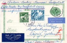 Schweden 1937, 5+20 öre Zusatzfr. Auf 5 öre Ganzsache Per Luftpost N. Leipzig. - Covers & Documents