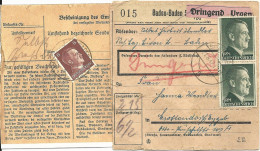 DR 1942, Paar 1 Mk. Vorder- U. 15 Pf. Rs. Auf Dringend Paketkarte V. Baden-Baden - Brieven En Documenten