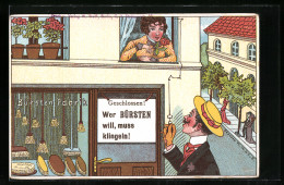 AK Wer Bürsten Will, Muss Klingeln!, Frau Winkt Aus Ihrem Fenster, Erotik  - Humour