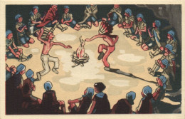 SCOUTS DANCING AROUND A CAMPFIRE, Vintage Postcard (b54427) - Scouting