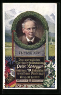 Künstler-AK R. Assmann: Peter Rosegger, Zu Seinem 70. Geb. In Dankbarer Verehrung, Graz 1913, Portrait, Ritter, Wappen  - Schriftsteller