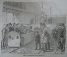 D203378   Old Print  - Travel On The Pneumatic Railway In London 1866  -train Station   Woodcut - Prenten & Gravure