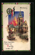 Künstler-AK Vailly, Deutsche Truppen Auf Dem Marktplatz, Kirche In Flammen, Halt Gegen Das Licht  - Oorlog 1914-18