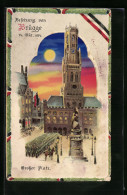 Künstler-AK Brügge, Grosser Platz Mit Deutschen Soldaten, Banderole In Schwarzweissrot, Halt Gegen Das Licht  - Guerre 1914-18