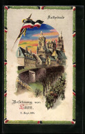 Künstler-AK Laon, Besetzung Am 3.9.1914, Kathedrale, Deutsche Fahne, Halt Gegen Das Licht  - Oorlog 1914-18