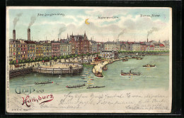 Lithographie Hamburg, Alter Jungfernstieg M. Alsterpavillon Und Binnen-Alster, Halt Gegen Das Licht: Leuchtender Mond  - Andere & Zonder Classificatie