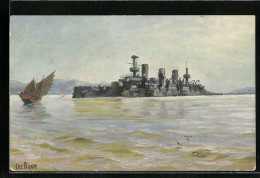 Künstler-AK Christopher Rave: Russ. Panzerschiff Pereswjet Nach Der Schlacht Bei Port Arthur, 1905  - Warships
