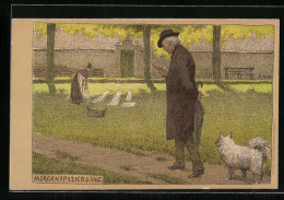 Künstler-Lithographie P. Hey: Morgenspaziergang, Mann Mit Schirm Und Hund, Frau Mit Wäschekorb  - Hey, Paul