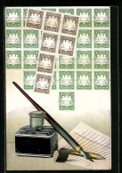 AK Bayerische Briefmarken Und Tintenfass Mit Tintenfeder  - Francobolli (rappresentazioni)