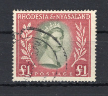 1954 RHODESIA-NYASSALAND N.15 USATO 1£ Serie Ordinaria, Elisabetta II - Rhodesien & Nyasaland (1954-1963)