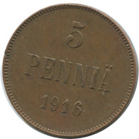 5 PENNIA 1916 FINLAND Coin RUSSIA EMPIRE #AB182.5.U.A - Finlandia