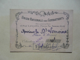 VIEUX PAPIERS - CARTE DE MEMBRE : UNION NATIONALE DES COMBATTANTS 1920 - Cartes De Membre