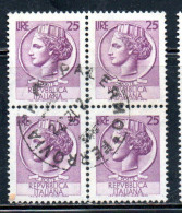 ITALIA REPUBBLICA ITALY REPUBLIC 1968 - 1976 SIRACUSANA TURRITA STELLE STARS LIRE 25 QUARTINA USATA BLOCK USED OBLITERE' - 1961-70: Oblitérés