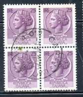 ITALIA REPUBBLICA ITALY REPUBLIC 1968 - 1976 SIRACUSANA TURRITA STELLE STARS LIRE 25 QUARTINA USATA BLOCK USED OBLITERE' - 1961-70: Gebraucht