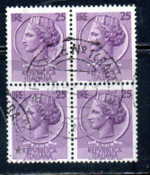 ITALIA REPUBBLICA ITALY REPUBLIC 1968 - 1976 SIRACUSANA TURRITA STELLE STARS LIRE 25 QUARTINA USATA BLOCK USED OBLITERE' - 1961-70: Gebraucht