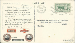 FALKLAND ISLAND CARTE MARINOL / PLASMARINE 0,5d PORT STANLEY POUR  NIMES ( GARD ) DE 1952  LETTRE COVER - Islas Malvinas