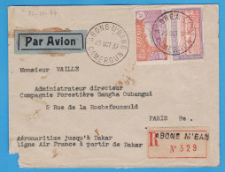 LETTRE RECOMMANDEE PAR AVION DE 1937 - ABONG-M'BANG (CAMEROUN) POUR PARIS - AEROMARITIME JUSQU'A DAKAR PUIS AIR FRANCE - Storia Postale