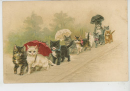 CHATS - CAT - Jolie Carte Fantaisie Cortège De Chats Avec Parapluie Et Ombrelles - Katten