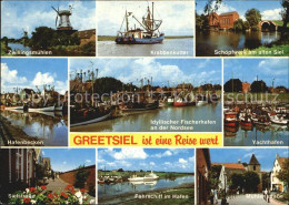 72456306 Greetsiel Zwillingsmuehlen Krabbenkutter Schoepfwerk Faehrschiff Hafen  - Krummhoern