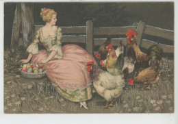 PAQUES - Jolie Carte Fantaisie Femme élégante Avec Poules Coq Et Oeufs De Pâques ( Carte Toilée Avec Reflets Argentés) - Easter