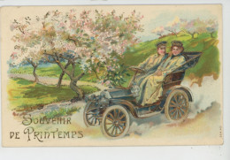 FEMMES - FRAU - LADY - Jolie Carte Gaufrée Avec Dorures Couple Amoureux Dans Automobile "Souvenir De Printemps (embossed - Women