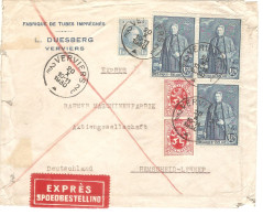 TP 304(3)-207-282(2) S/L. Exprès DUESBERG Tubes Obl.Verviers 20/10/1930 > Allemagne REMSCHEID-LENNEP C.d'arrivée - Briefe U. Dokumente