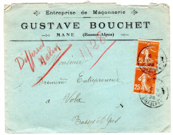 1928    CAD De MANE  "  Gustave BOUCHET Maçonnerie à MANE " Envoyée à VOLX - Covers & Documents