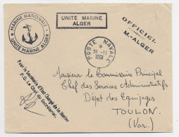 LETTRE GRIFFE OFFICIEL  RECTANGLE UNITE MARINE ALGER + POSTE NAVALE 26.11.1961 + LINEAIRE - Poste Navale