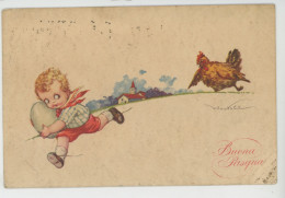 Illustrateur CASTELLI - Jolie Carte Fantaisie Petit Garçon Avec Oeuf Poursuivi Par Une Poule "Buona Pasqua " - Castelli