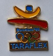 Pin' S  Doré  Sports  Anneaux  Jeux  Olympiques  BARCELONA  92  Avec  Sponsor  TARAFLEX - Olympic Games