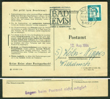 BAD EMS 1964 Amtl. NACHSENDUNGSAUFTRAG 15Pf-Luther Orts-o > Köln-Nippes Dort Rs Postinterner Lagerstempel = Köln-Stempel - Cartas & Documentos