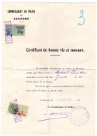 1933  CERTIFICAT DE BONNES VIES ET MOEURS émise Par Le COMMISSARIAT De SAVERNE Timbres Fiscaux  (état ) - Documents Historiques