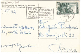 CARTOLINA VICENZA CON ANNULLO TARGHETTA FIERA VICENZA CERAMICA - 1946-60: Marcofilia