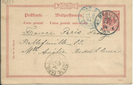 ALLEMAGNE CARTE  10pf BERLIN POUR PARIS + CACHET BLEU ETRANGER  DE 1894  LETTRE COVER - Postcards