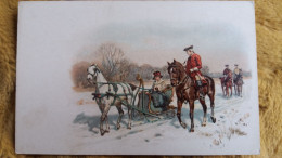 CPA FANTAISIE DESSIN ILLUSTRATION CHEVAL CHEVAUX CAVALIERS HIVER NEIGE LUGE - Caballos