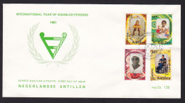 Dutch Antilles: FDC First Day Cover, 1981, 4 Charity Stamps, Disabled Persons, Wheelchair, Blind (small Stain At Back) - Curaçao, Nederlandse Antillen, Aruba