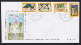 Dutch Antilles: FDC First Day Cover, 1980, 4 Charity Stamps, Youth Care, Children Drawing, Child Draw (traces Of Use) - Curaçao, Nederlandse Antillen, Aruba