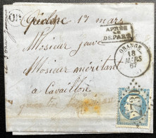 N°22 20c BLEU NAPOLEON SUR ENVELOPPE / ORANGE POUR CAVAILLON / 1867  / LAC / OR - 1877-1920: Semi Modern Period